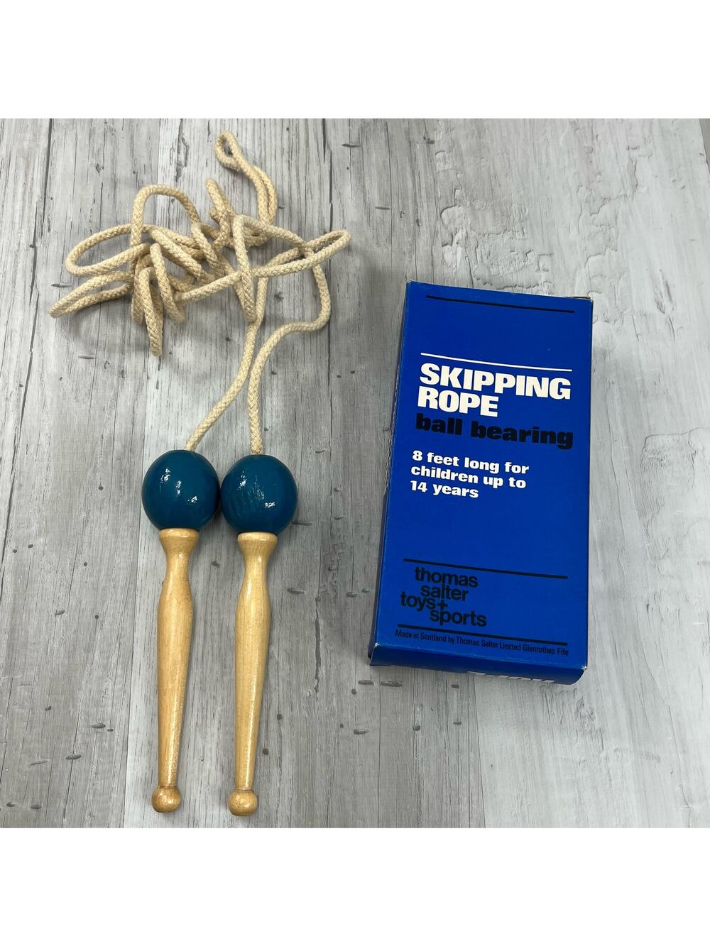 Vintage Thomas Salter Wooden Jump Rope 8’ Scotland Made Ball Bearing Retro Gym